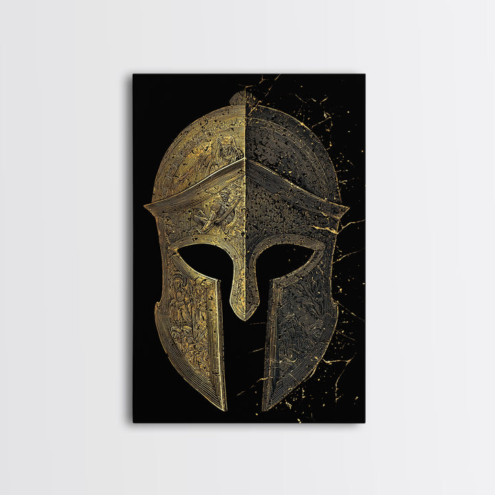 Historic Greek Helmet Canvas Gold Art – Ancient Battle Warrior Wall Canvas Print with Real Wood Frame – Museum Quality Decor