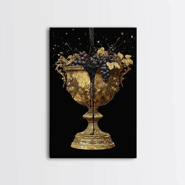 Luxurious Golden Chalice Canvas Gold Canvas Print – Grapes & Wine Still Life Wall Art with Real Wood Frame – Elegant Kitchen Decor