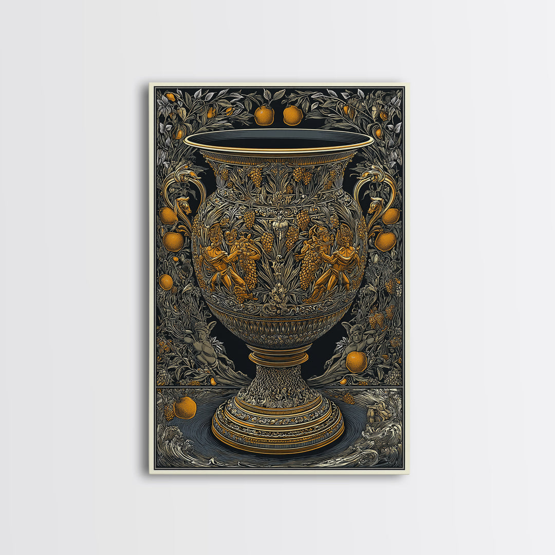Ornate Golden Vase Canvas Gold Art – Greek Mythology & Nature Scene Wall Canvas Print with Real Wood Frame – Classic Decor