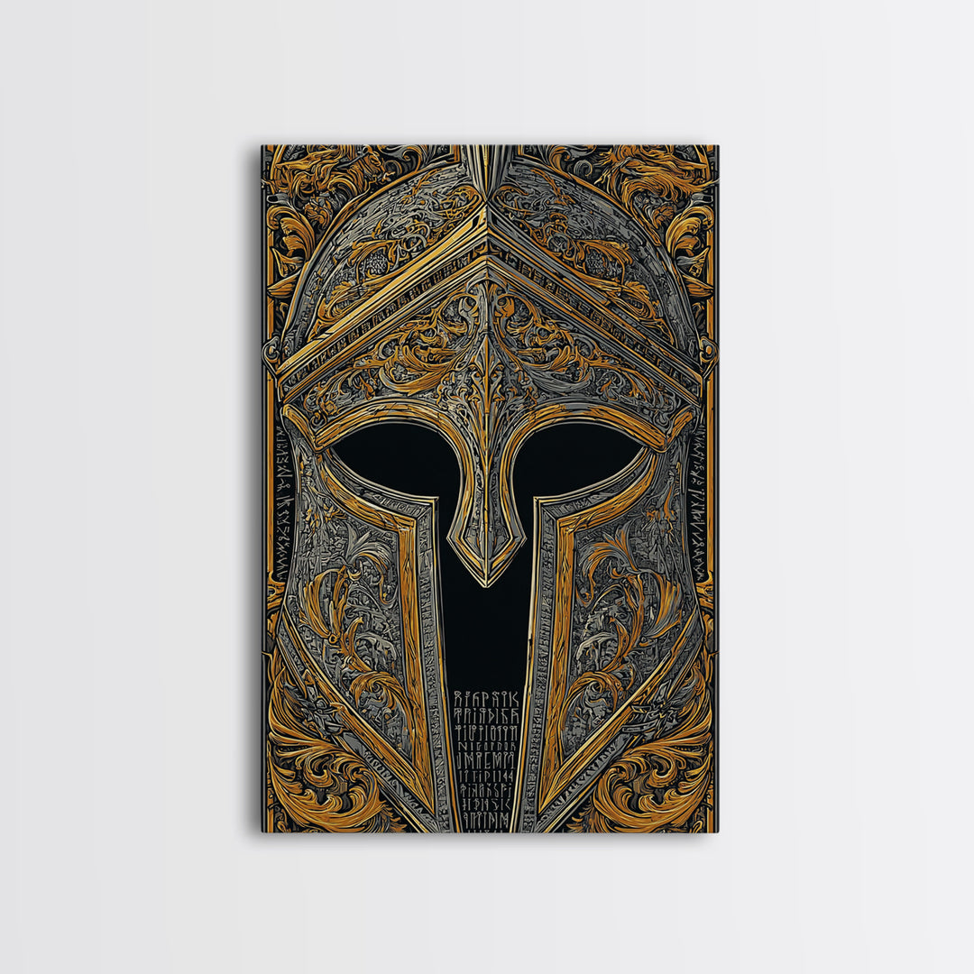 Runic Spartan Helmet with Ornate Gold Carving – Canvas Gold Art, Intricate Ancient Helmet Canvas Art, Mythic Warrior Decor