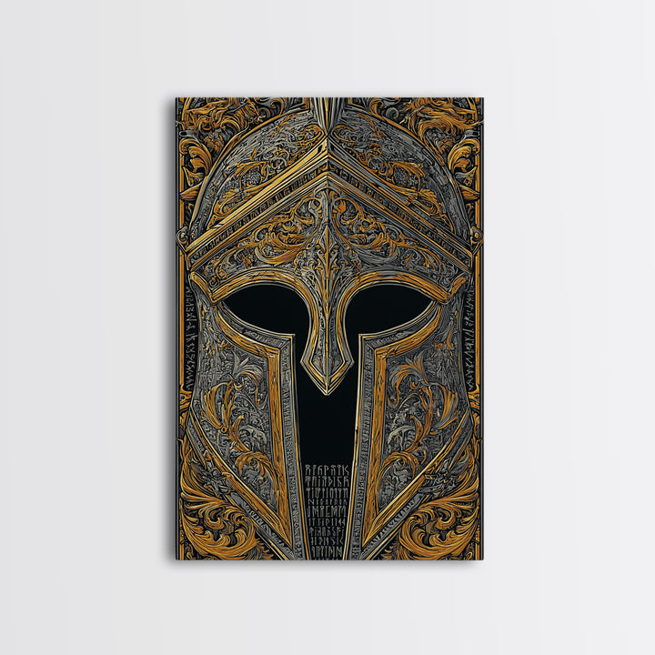 Runic Spartan Helmet with Ornate Gold Carving – Canvas Gold Art, Intricate Ancient Helmet Canvas Art, Mythic Warrior Decor