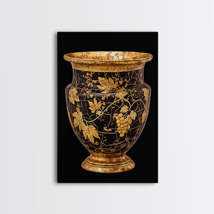Black & Gold Grape Vase Canvas Gold Canvas Print – Elegant Vine & Wine Themed Wall Art with Real Wood Frame – Modern Classic Decor