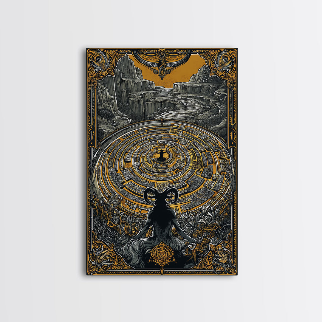 Labyrinth Minotaur Fantasy Scene Canvas Gold Canvas Print with Real Wood Frame – Mythology Inspired Wall Art