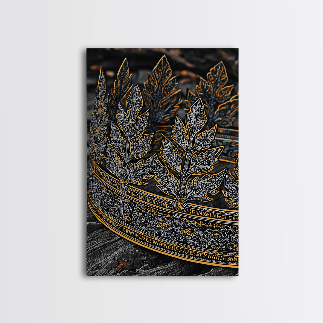 Laurel Leaf Crown Canvas Gold Art Print with Real Wood Frame – Regal Nature-Inspired Decorative Wall Piece