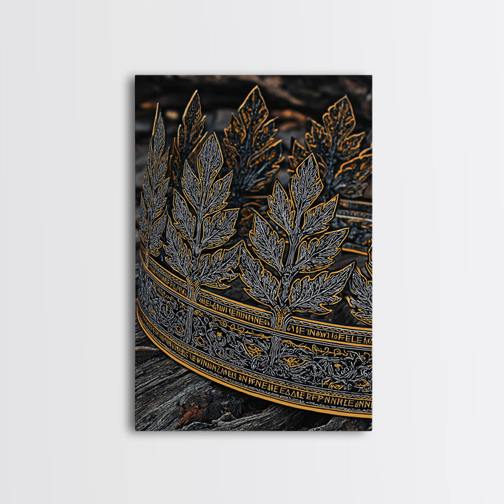 Laurel Leaf Crown Canvas Gold Art Print with Real Wood Frame – Regal Nature-Inspired Decorative Wall Piece