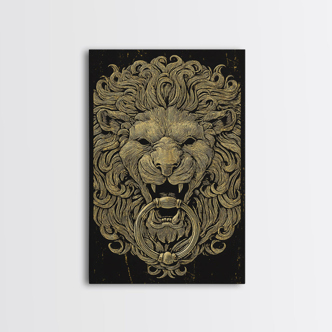 Vintage Lion Head Door Knocker Canvas Gold Canvas Print with Real Wood Frame – Bold Statement Wall Art