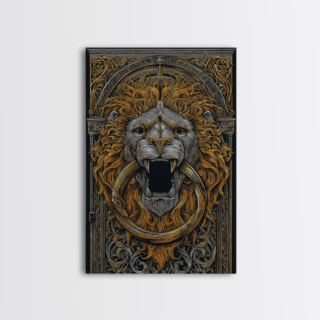 Ornate Lion Door Knocker Canvas Gold Canvas Print with Real Wood Frame – Luxury Victorian Style Wall Decor