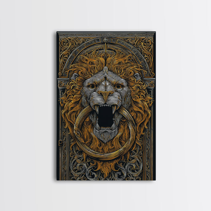 Ornate Lion Door Knocker Canvas Gold Canvas Print with Real Wood Frame – Luxury Victorian Style Wall Decor