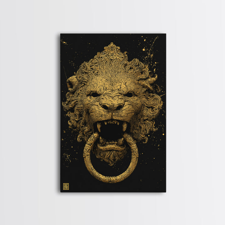 Aged Lion Door Knocker Canvas Gold Art Print with Real Wood Frame – Rustic Antique-Inspired Home Wall Art