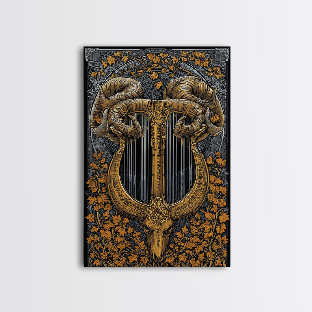 Ram Horn Lyre Canvas Gold Canvas Print with Real Wood Frame – Mythic Musical Instrument Wall Decor