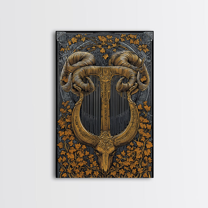 Ram Horn Lyre Canvas Gold Canvas Print with Real Wood Frame – Mythic Musical Instrument Wall Decor