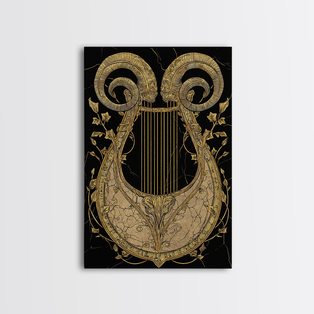 Ancient Ram Horn Lyre Canvas Gold Art Print with Real Wood Frame – Classical Mythology Inspired Wall Art