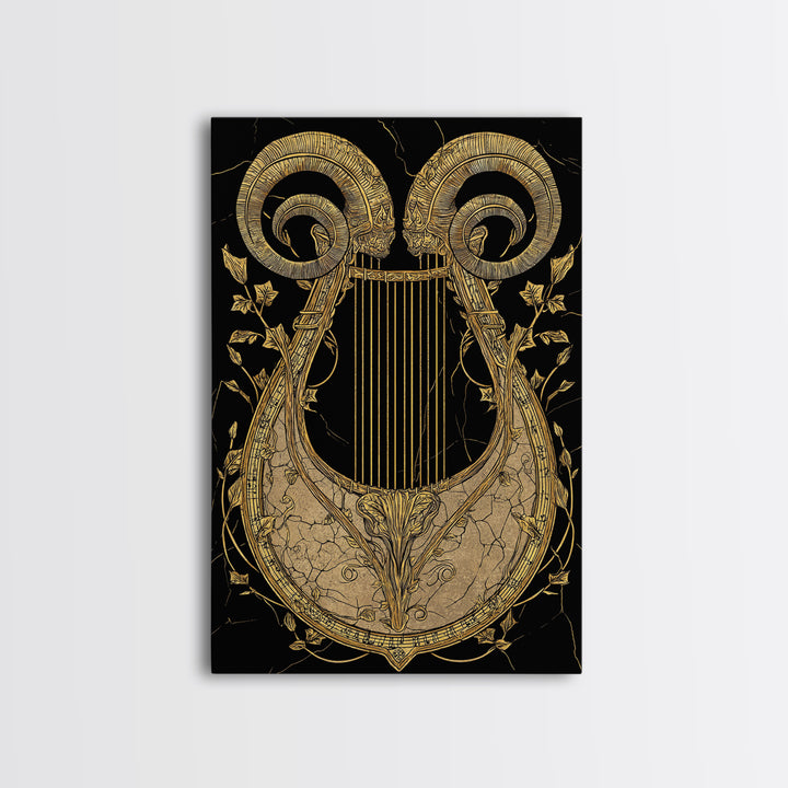 Ancient Ram Horn Lyre Canvas Gold Art Print with Real Wood Frame – Classical Mythology Inspired Wall Art