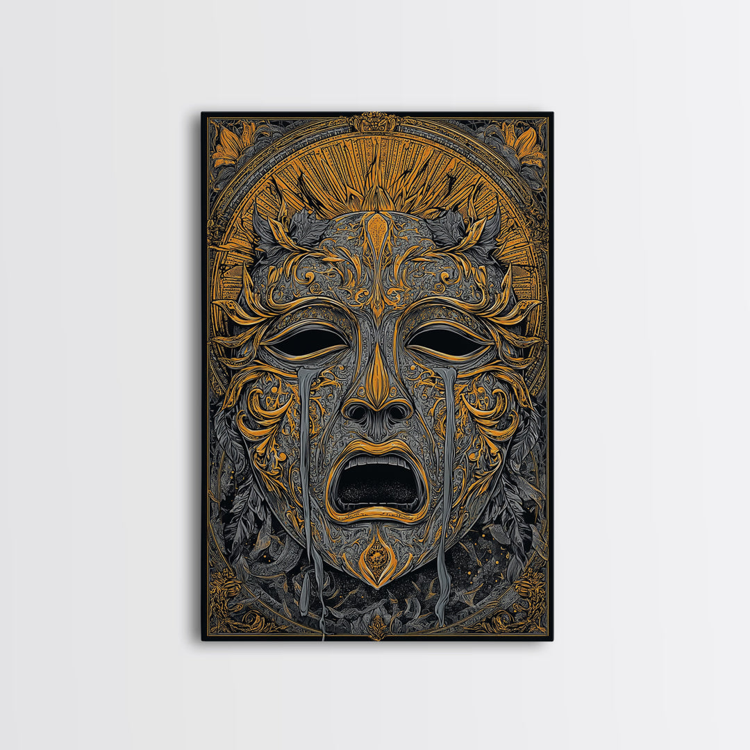 Crying Ornate Mask Canvas Gold Canvas Print with Real Wood Frame – Dramatic Theatrical Inspired Wall Art