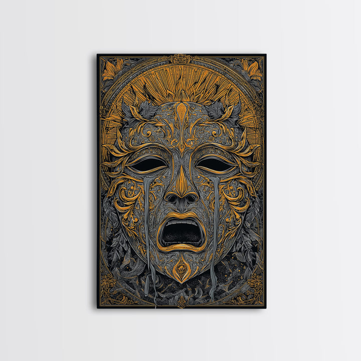 Crying Ornate Mask Canvas Gold Canvas Print with Real Wood Frame – Dramatic Theatrical Inspired Wall Art