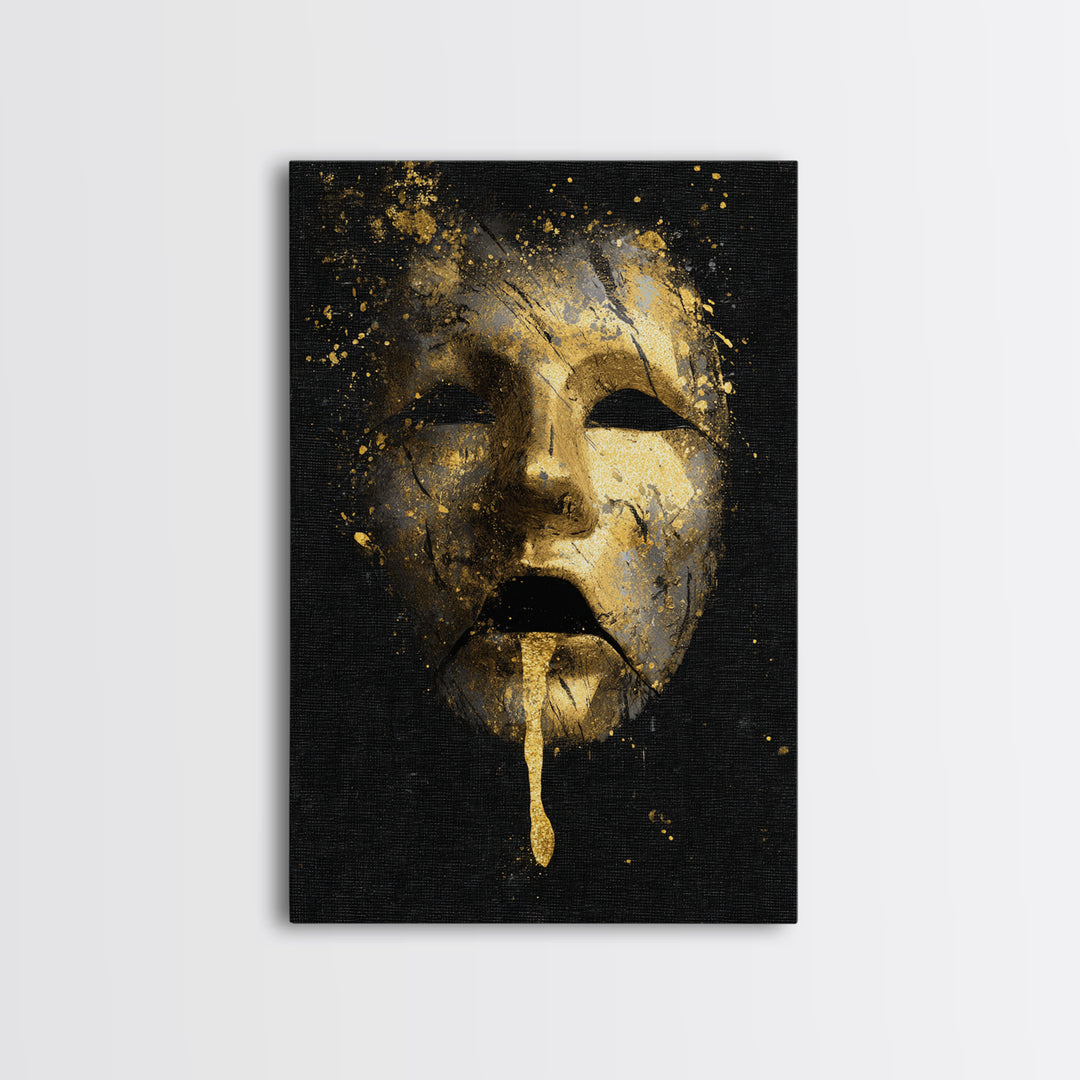 Abstract Gold-Drip Mask Canvas Gold Art Print with Real Wood Frame – Modern Surreal Face Wall Decor