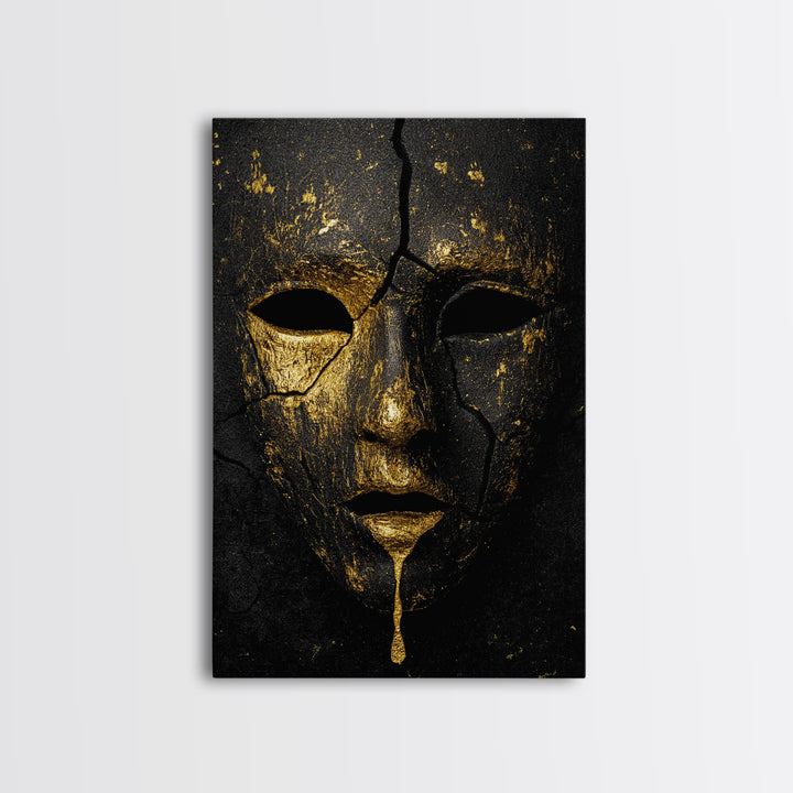 Cracked Gold Mask Canvas Gold Canvas Print with Real Wood Frame – Dark Dramatic Statement Wall Art