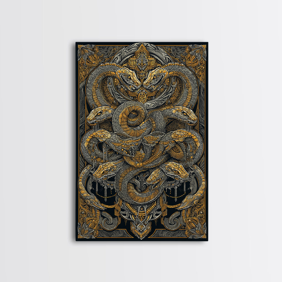The Serpent Conclave – A Tangled Reign of Golden Scales, Canvas Art, Canvas Gold Print, Canvas Wall Art, Man Cave Decor