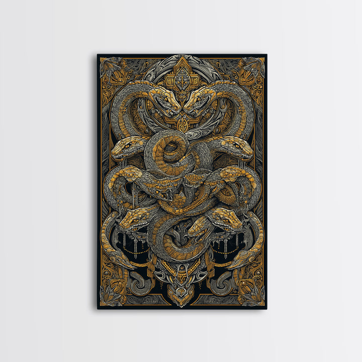 The Serpent Conclave – A Tangled Reign of Golden Scales, Canvas Art, Canvas Gold Print, Canvas Wall Art, Man Cave Decor