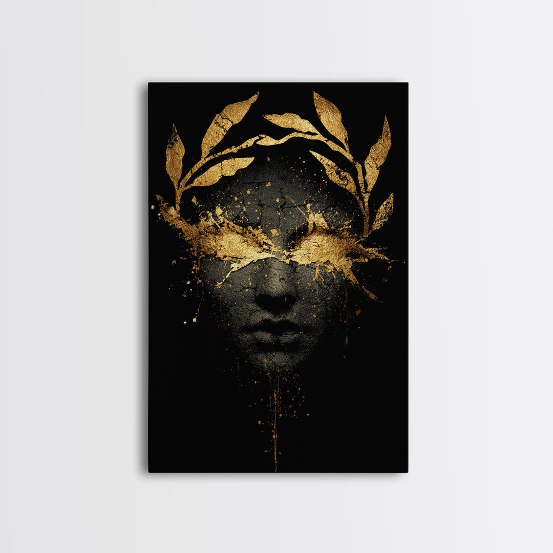 Veiled in Glory – The Laurel-Crowned Gaze of Gold, Canvas Art, Canvas Gold Print, Canvas Wall Art, Man Cave Decor