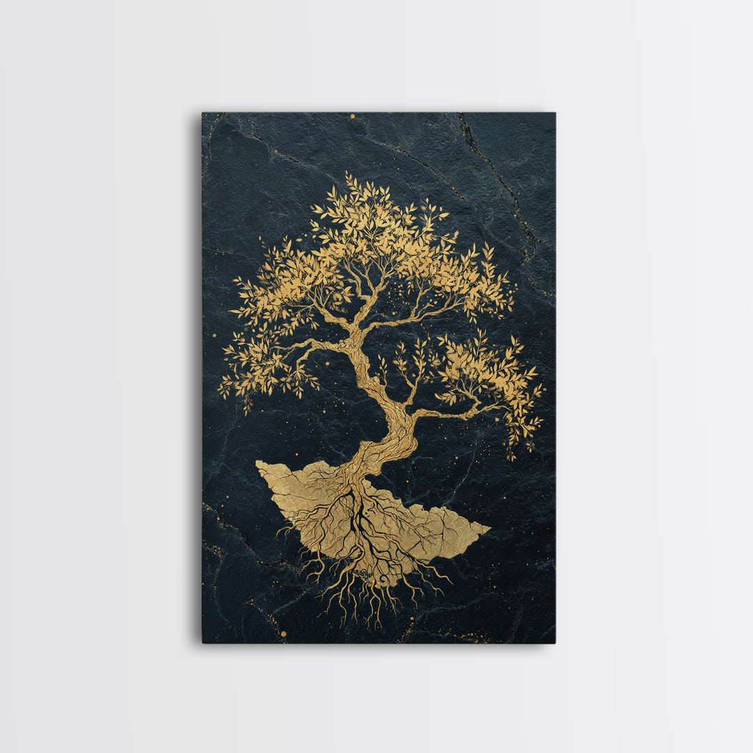 The Gilded Bonsai – Roots Anchored in Stone and Time, Canvas Art, Canvas Gold Print, Canvas Wall Art, Man Cave Decor
