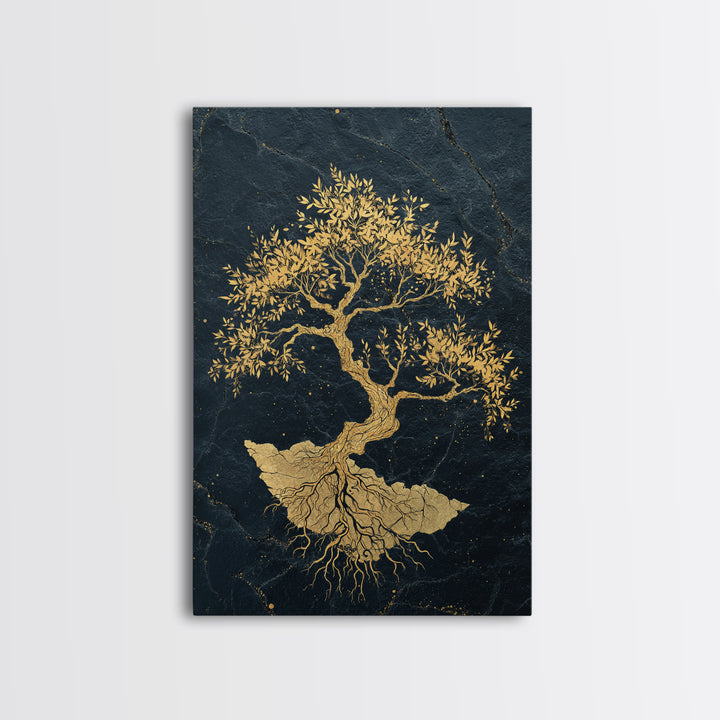 The Gilded Bonsai – Roots Anchored in Stone and Time, Canvas Art, Canvas Gold Print, Canvas Wall Art, Man Cave Decor