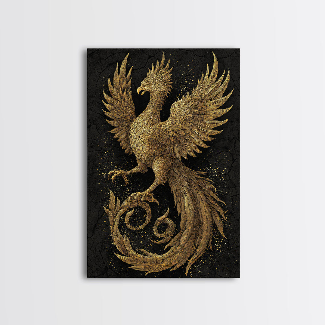 Golden Phoenix in Flight – A Herald of Renewal, Canvas Art, Canvas Gold Print, Canvas Wall Art, Man Cave Decor