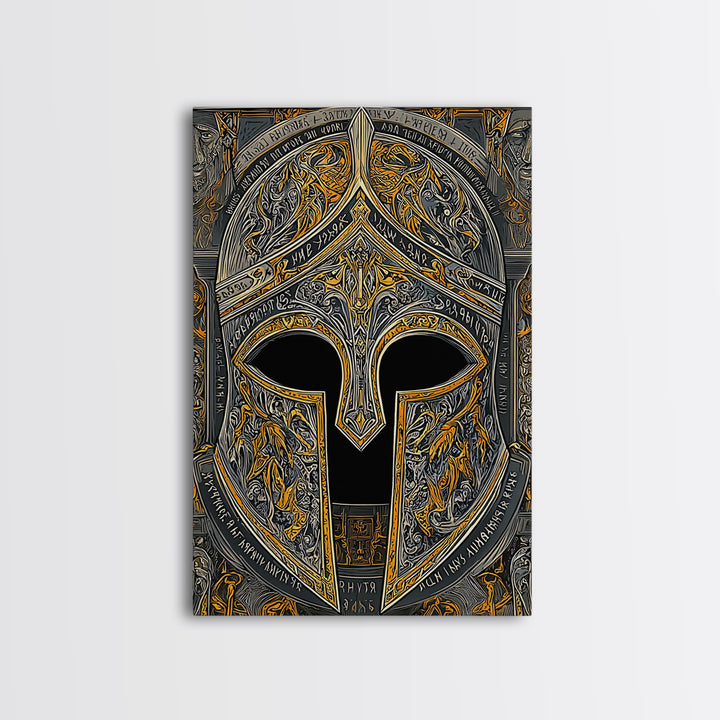 Fiery Engraved Spartan Helmet Wall Print – Canvas Gold Art, Lavish Historical Helmet Canvas Art, Classic War Decor