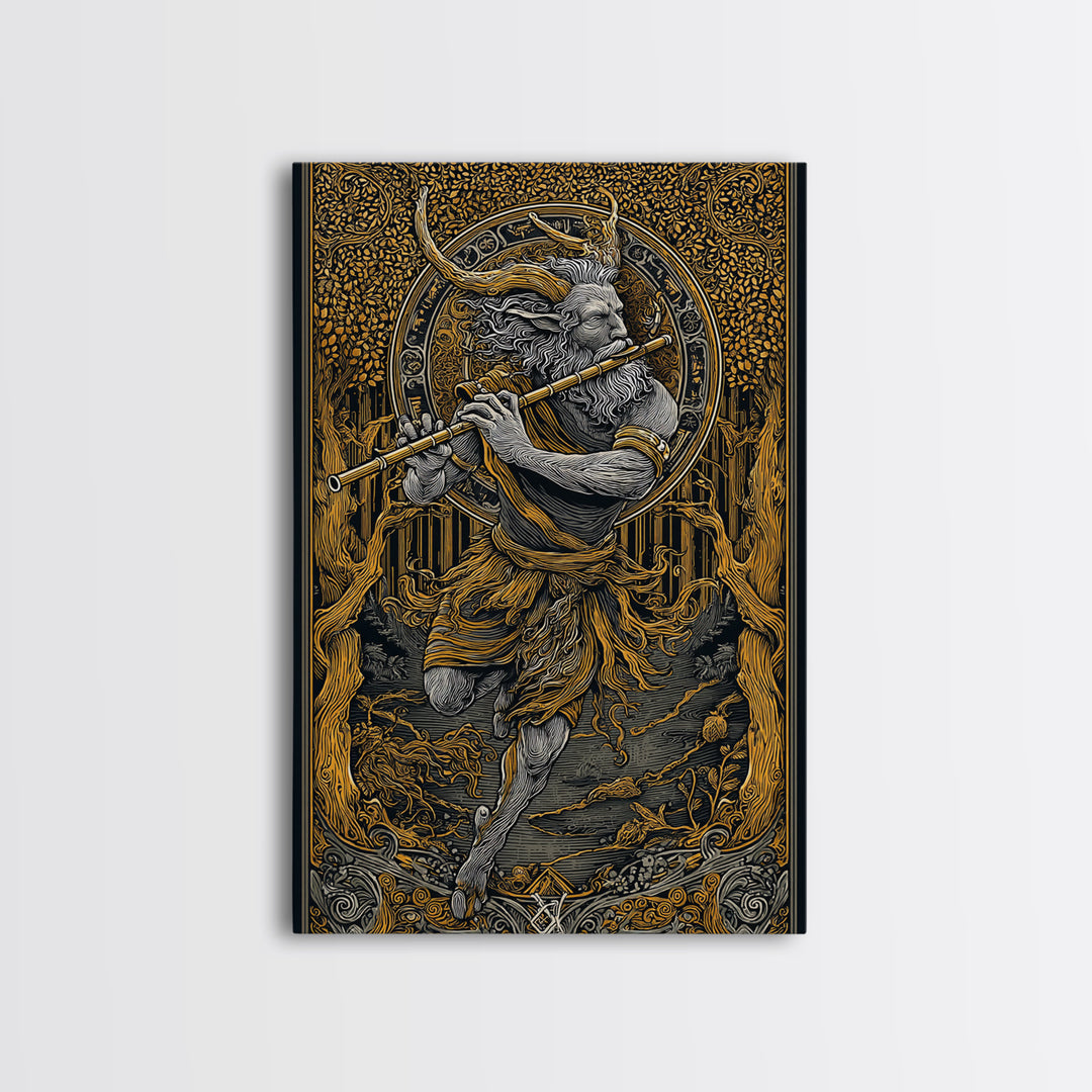 Pan’s Lament – The Wild God’s Song Through the Golden Grove, Canvas Art, Canvas Gold Print, Canvas Wall Art, Man Cave Decor