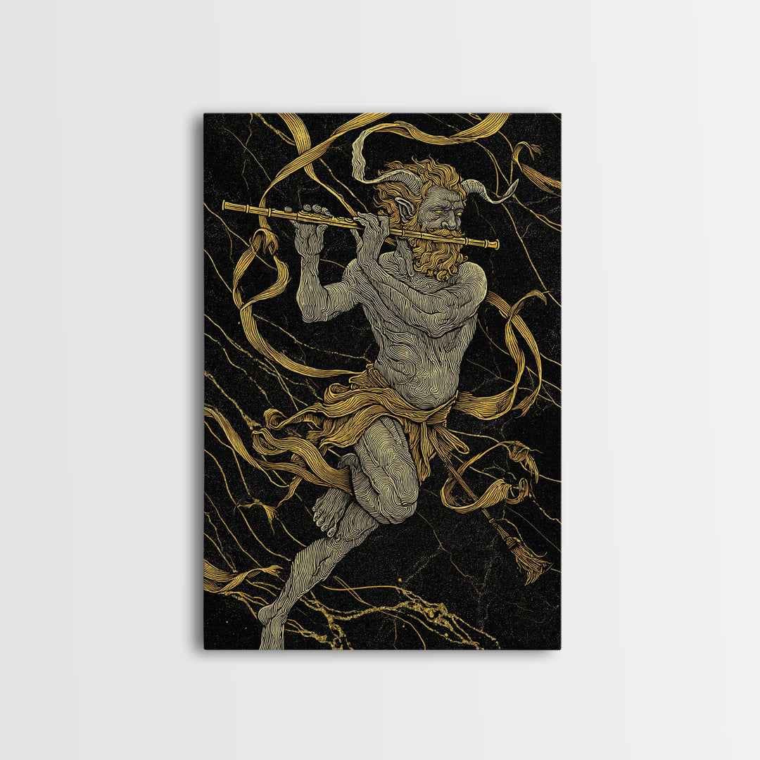 Greek God Pan Playing Flute – Canvas Gold Canvas Print – Mythology Wall Art with Real Wood Frame for Classical Home Decor