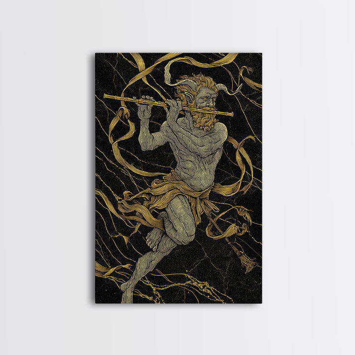 Greek God Pan Playing Flute – Canvas Gold Canvas Print – Mythology Wall Art with Real Wood Frame for Classical Home Decor