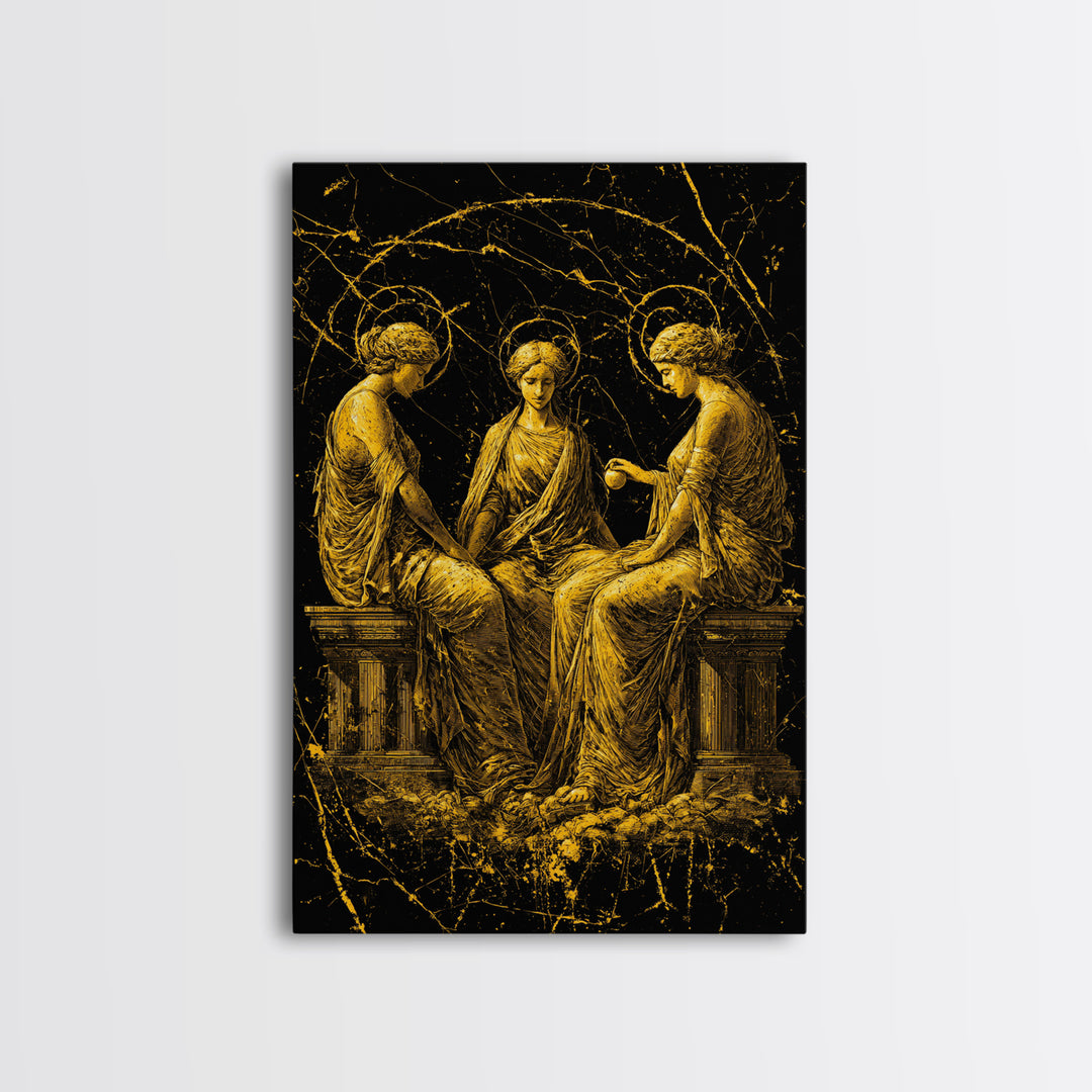 The Three Graces – Canvas Gold Canvas Print – Greek Goddess Wall Art with Real Wood Frame for Elegant Classical Room Decor
