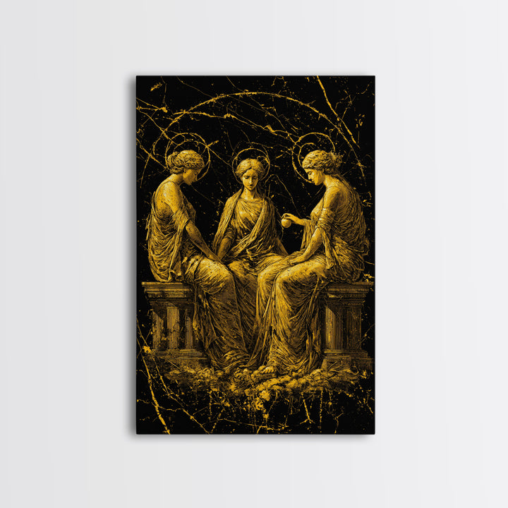 The Three Graces – Canvas Gold Canvas Print – Greek Goddess Wall Art with Real Wood Frame for Elegant Classical Room Decor