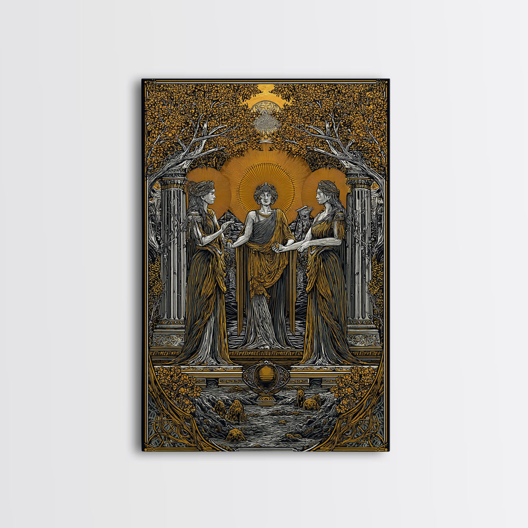 Greek Goddesses in Golden Garden – Canvas Gold Canvas Print – Classical Mythology Wall Art with Real Wood Frame