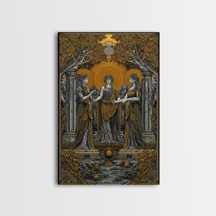 Greek Goddesses in Golden Garden – Canvas Gold Canvas Print – Classical Mythology Wall Art with Real Wood Frame