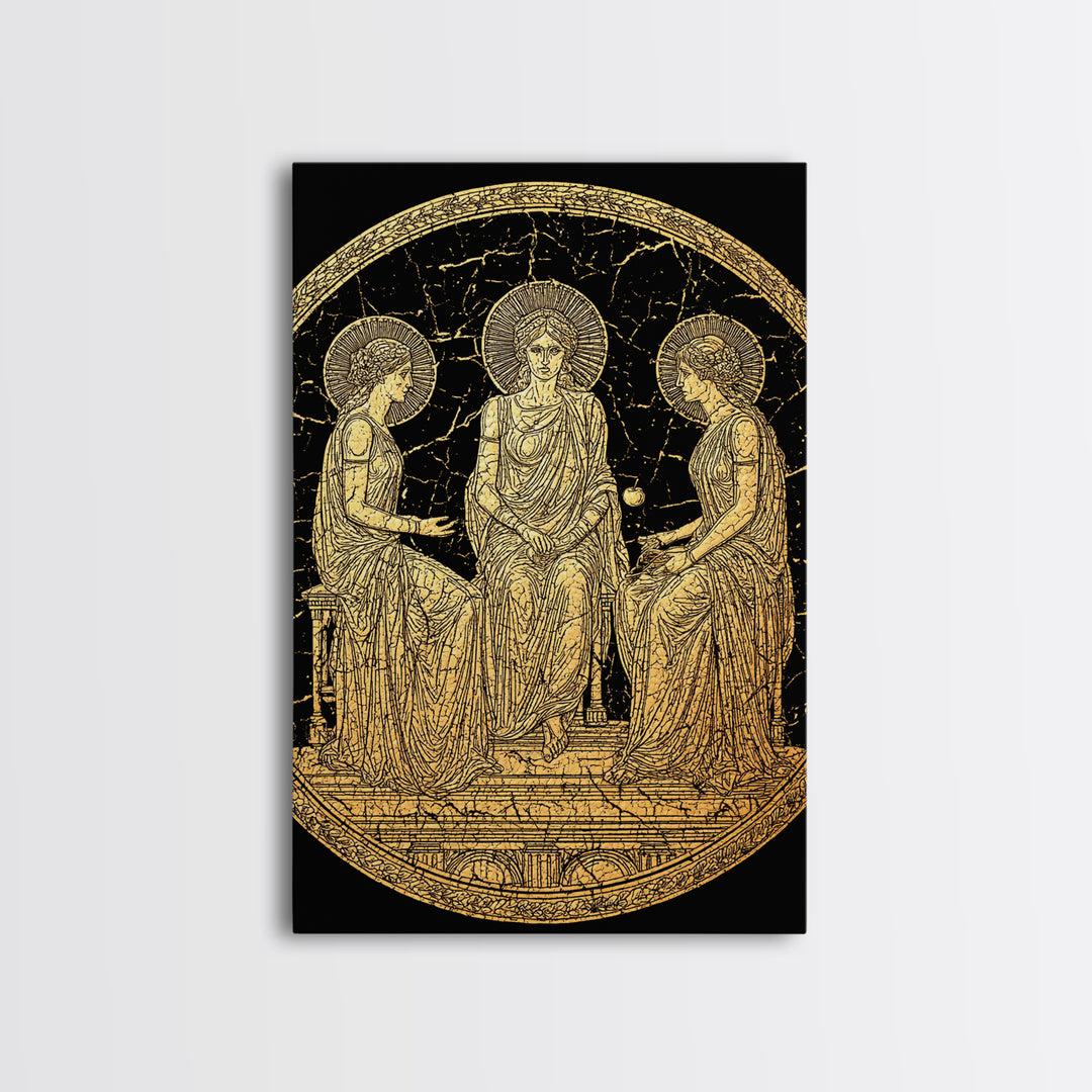 Golden Three Goddesses – Canvas Gold Canvas Print – Classical Greek Wall Art with Real Wood Frame for Mythology Lovers