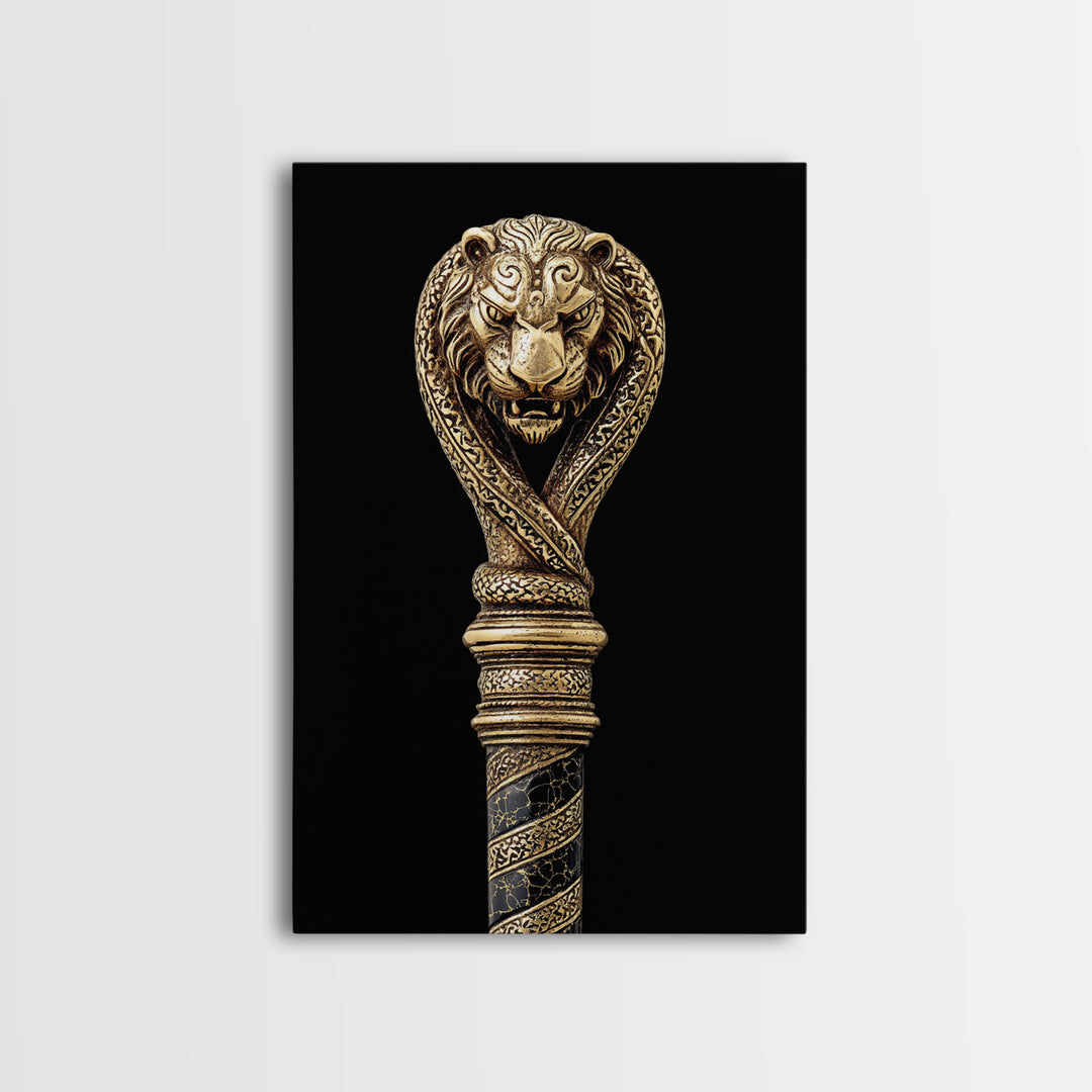 Lion and Serpent Staff Head – Canvas Gold Canvas Print – Ancient Weapon Design Art with Real Wood Frame for Bold Wall Decor