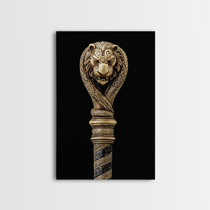 Lion and Serpent Staff Head – Canvas Gold Canvas Print – Ancient Weapon Design Art with Real Wood Frame for Bold Wall Decor