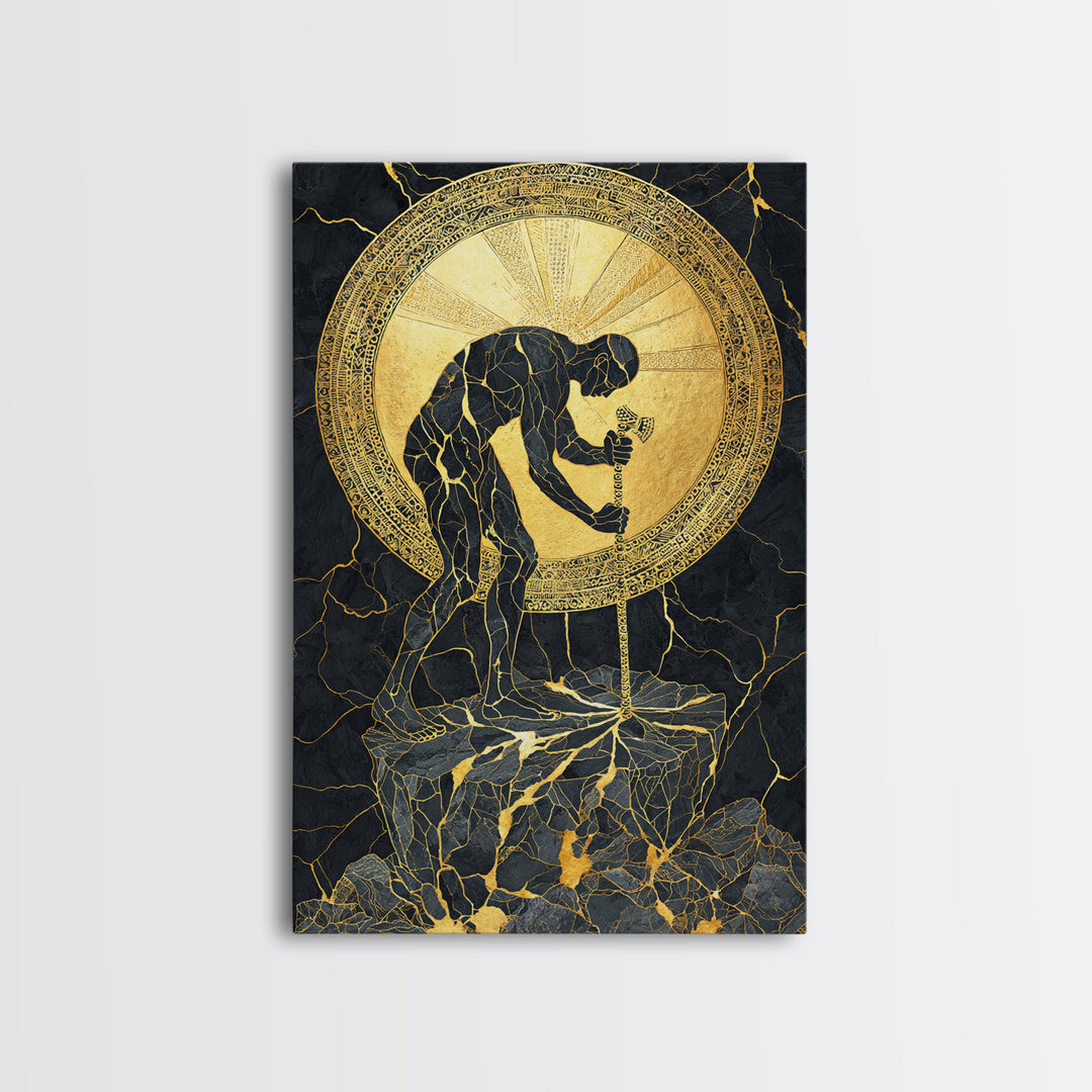 Man with Sword and Sun – Canvas Gold Canvas Print – Heroic Mythology Wall Art with Real Wood Frame for Powerful Home Accent
