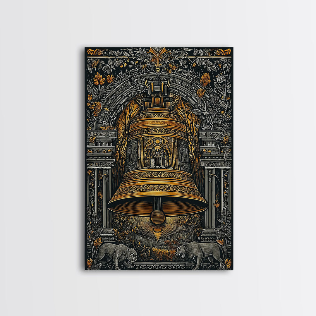 Ornate Golden Bell with Wolves – Canvas Gold Canvas Print – Fantasy Architectural Wall Art with Real Wood Frame