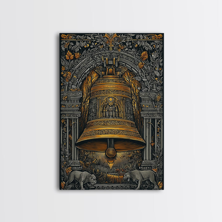 Ornate Golden Bell with Wolves – Canvas Gold Canvas Print – Fantasy Architectural Wall Art with Real Wood Frame