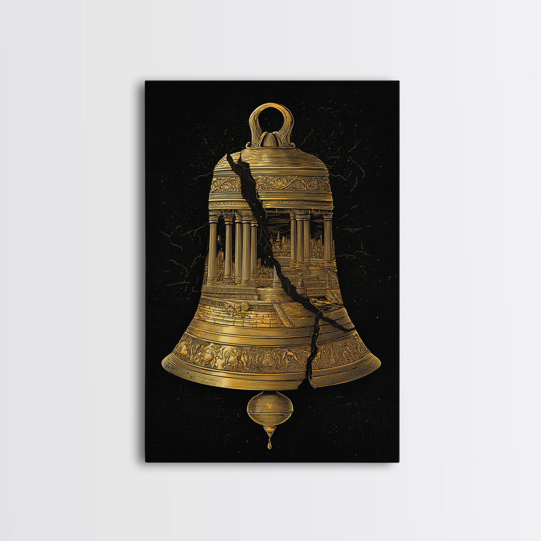 Cracked Temple Bell – Canvas Gold Canvas Print – Ancient Ruins Wall Art with Real Wood Frame for History and Myth Lovers