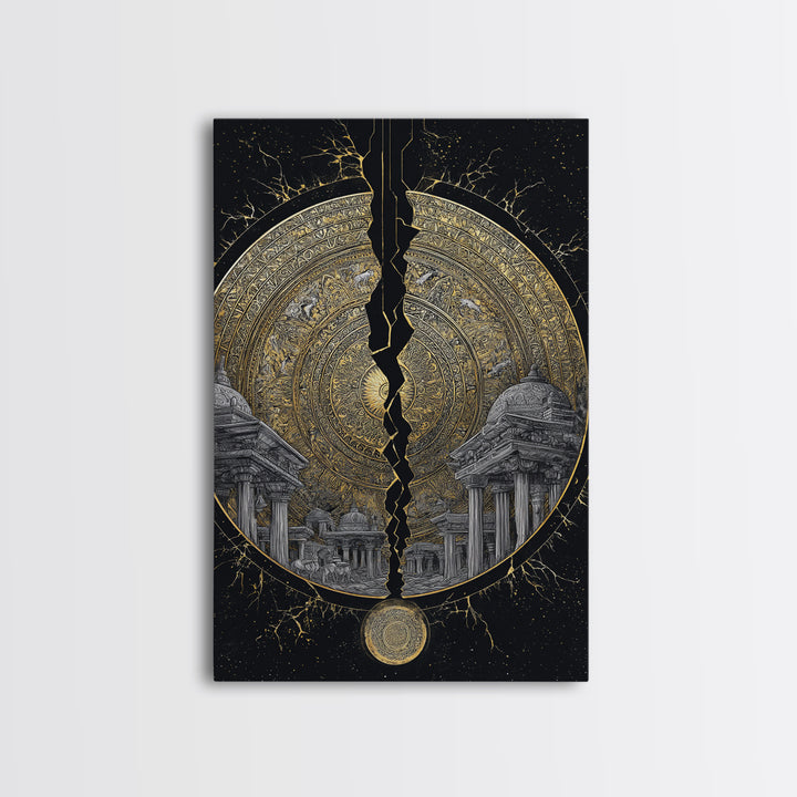 Cracked Golden Mandala Temple – Canvas Gold Canvas Print – Intricate Ancient Architecture Wall Art with Real Wood Frame