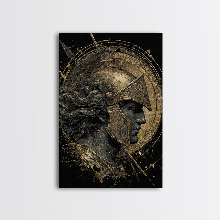 Greek Warrior Profile, Canvas Gold Canvas Print, Ancient Mythology Wall Art, Real Wood Frame Decor, Luxury Hero Artwork
