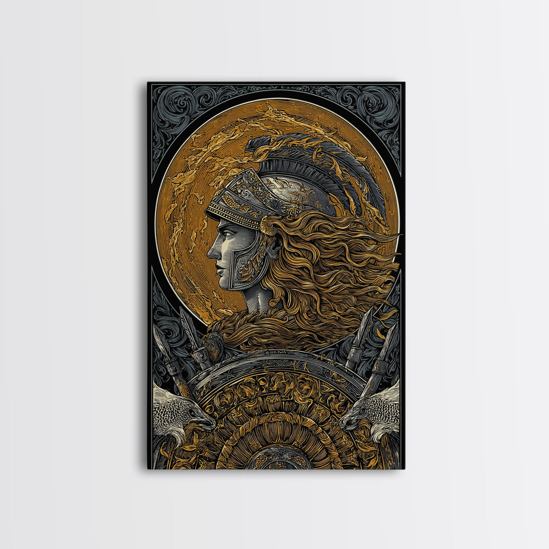 Athena Greek Goddess, Canvas Gold Art, Warrior Helmet Canvas Print, Real Wood Frame Decor, Ancient Mythology Wall Artwork