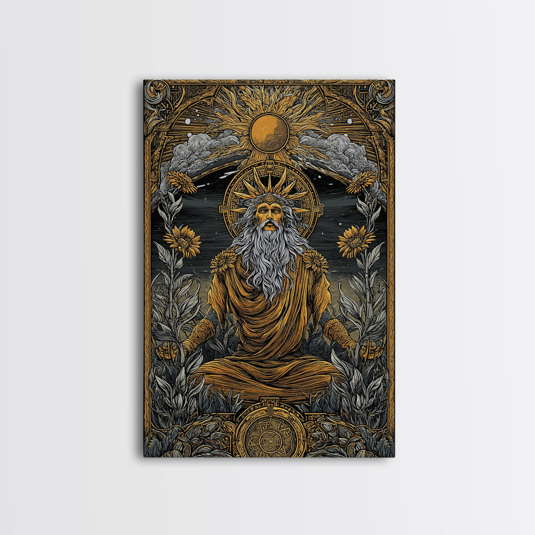 Greek Sun God Illustration, Canvas Gold Canvas Print, Mythology Wall Art, Real Wood Frame Decor, Luxury Ancient Artwork