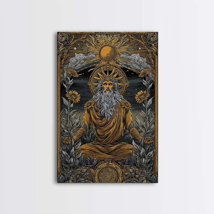 Greek Sun God Illustration, Canvas Gold Canvas Print, Mythology Wall Art, Real Wood Frame Decor, Luxury Ancient Artwork