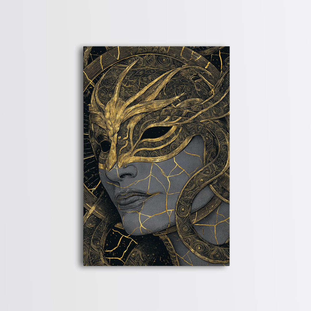 Ananke Mythological Canvas Gold Canvas Print, Greek Goddess Of Inevitability Artwork, Real Wood Frame Wall Art Decoration