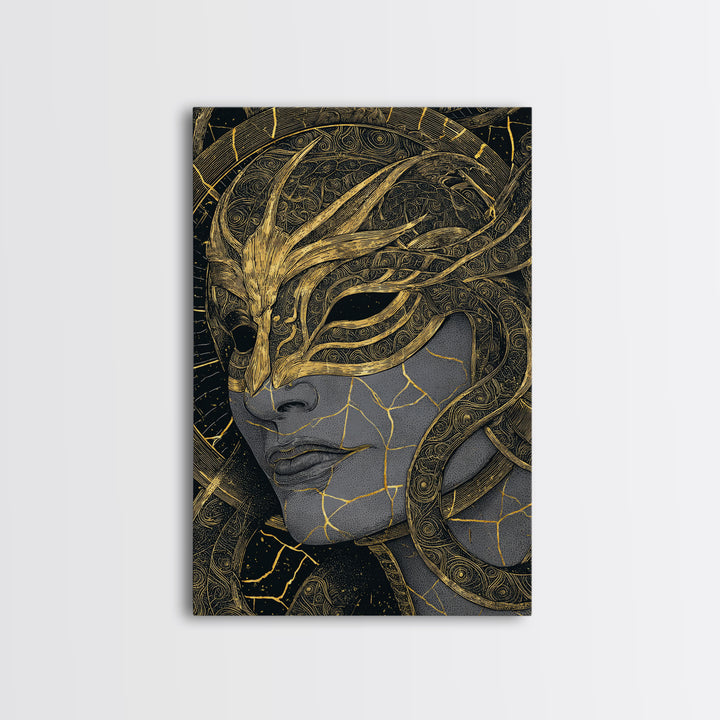 Ananke Mythological Canvas Gold Canvas Print, Greek Goddess Of Inevitability Artwork, Real Wood Frame Wall Art Decoration