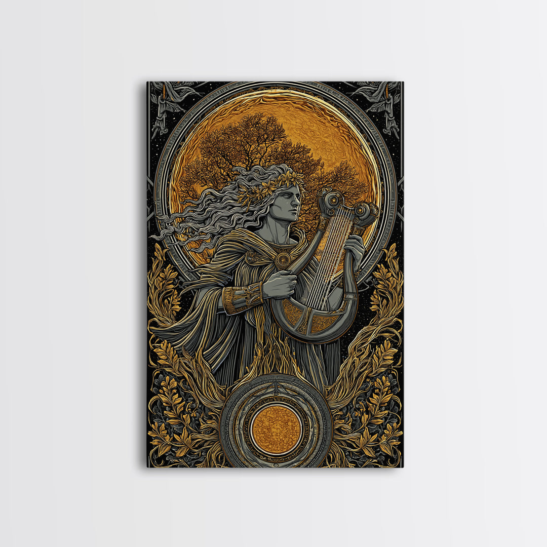 Apollo Greek God Canvas Gold Canvas Print, Sun And Music Mythology Inspired Artwork, Real Wood Frame Classical Wall Decor